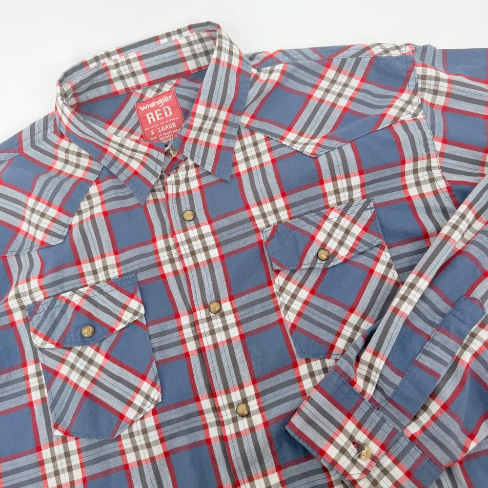 Wrangler Red Men's XL Long Sleeve Pearl Snap Red/Blue Plaid Button Down